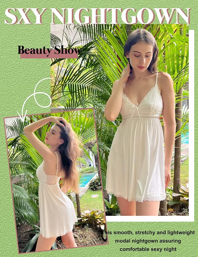 Avidlove Women Nightgown Sexy Sleepwear Lace Chemise V-neck Modal Babydoll Lounge Dress