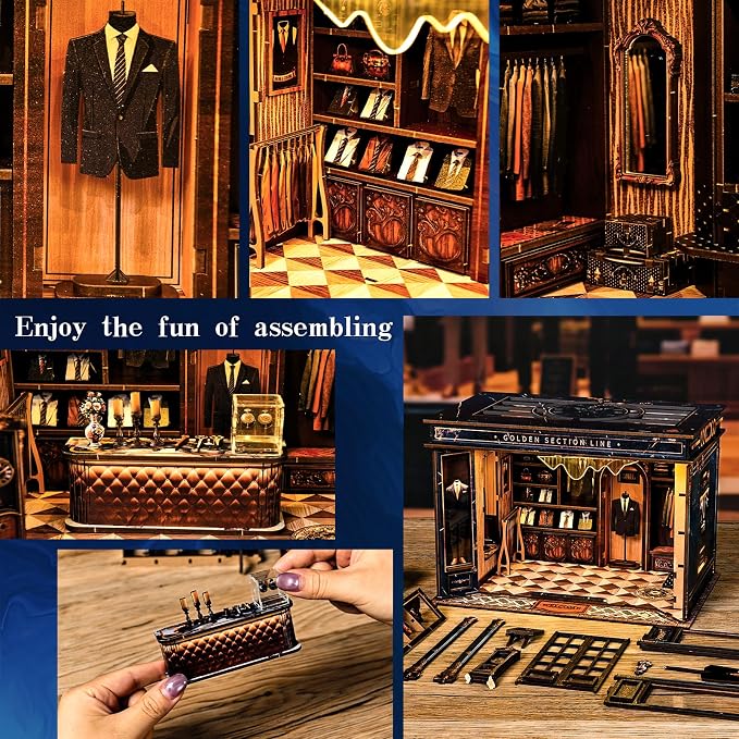 DIY Miniature Dollhouse Kit with LED Light, 3D Wooden Puzzle Book Nook Kit for Adults and Teens, Creative Tailor Shop Model Kit to Build, Home Decor Hobby Gift (Golden Section Line)