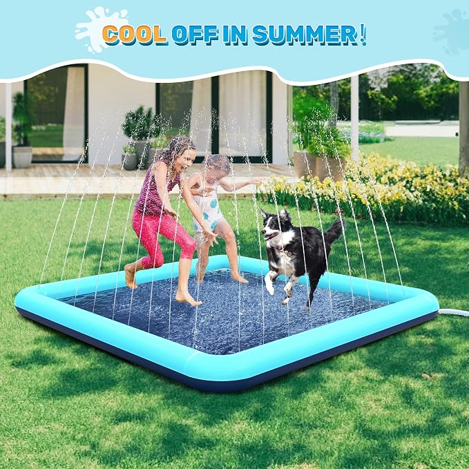 68" x 68" Square Splash Pad for Toddlers & Dogs, Non-Slip Sprinkler Pool, Shallow Water Play Mat for Backyard Summer Fun, Teal