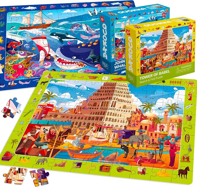 QUOKKA 60 Piece Kids Puzzles Ages 5-8 - Set of 4 Bible Jigsaw Puzzles for Kids 4-6-10 Year Old - Tower of Babel - Noah`s Ark - Eden Toys for Children 5-7 yo - Christian Gifts for Boys & Girls