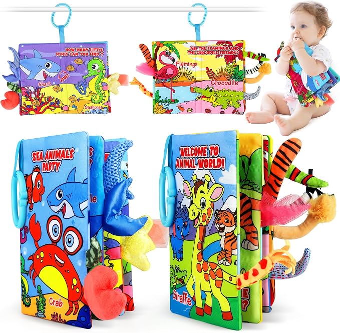 Helsort 2PCS Crinkle Cloth Books - High Contrast Sensory Toys Touch Feel Book for Tummy Time, Infant Travel Essentials Forest Ocean Themes, and Newborn Development Toys 0-18 Months