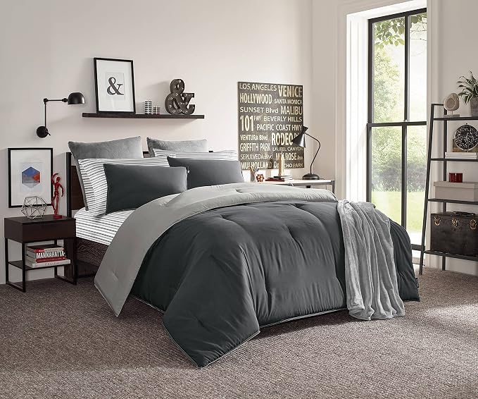 Nautica - Twin Size Sheet Set, Crisp & Tailored Cooling Sheets with a Smooth Cotton Percale Lightweight Feel - Bed Sheets with Matching Pillowcase & Fitted Sheet (Coleridge Stripe Charcoal)