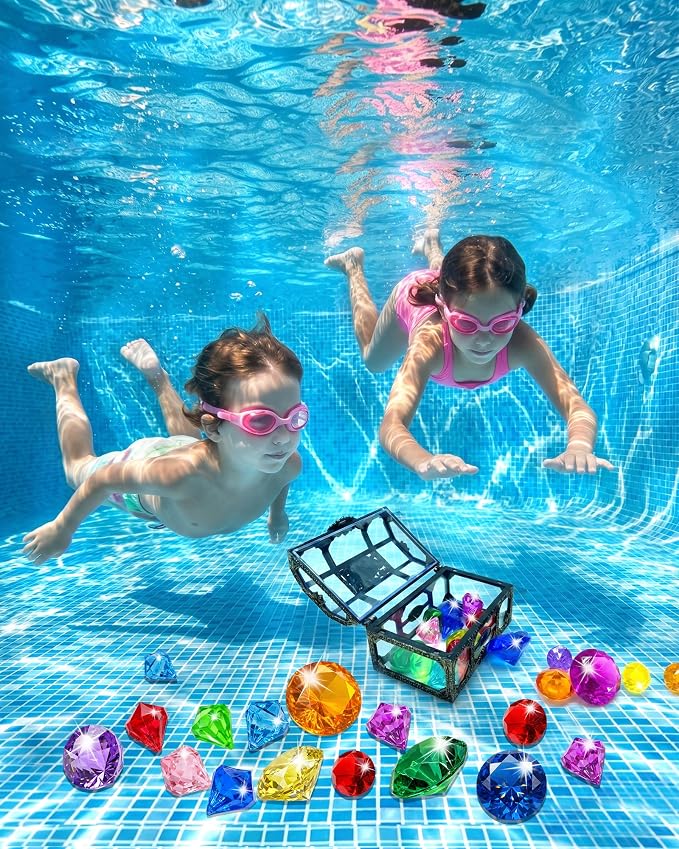 Swim Diving Games Pool Toys 17PCS Big Colorful Diamond Toy with Treasure Box Chest Summer Underwater Gemstone Outdoor Water Accessories for Kid Age 5 6 7 8 9 10 11 12 Year Old Girl Boy Stuff Fun Gift