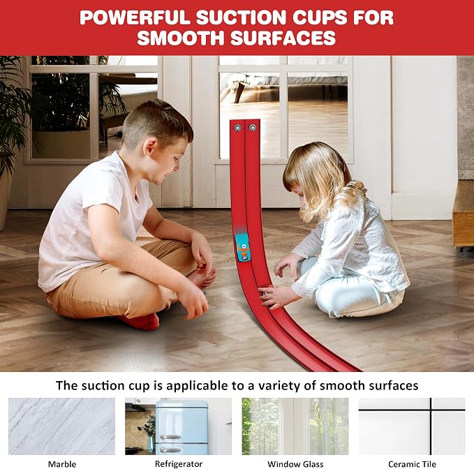 16 Ft Flexible Race Car Ramp Track for Kids Toy with Suction Cups, Compatible with Diecast 1/64th Cars, Rolls Up Portable Racetrack Party Favor Gifts for Boys Ages 3-10 Year Old (Racing Red)
