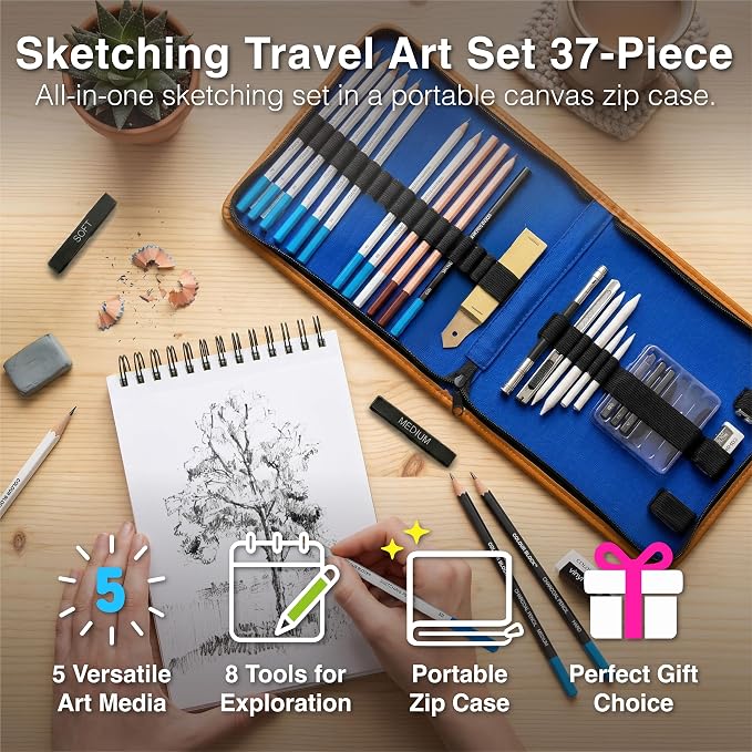 COLOUR BLOCK Drawing Travel Art Set 37 PCS, Pencils & Kits-Art Supplies for Kids, Teens, Adults-Colored Pencils, Charcoal, Pastels, Sketch Books for Artists, Anime Drawing, Architecture