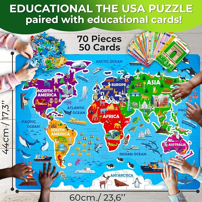 QUOKKA World Map Puzzles for Kids Ages 8-10 - 70 Pcs Jigsaw Floor Puzzles for Kids Ages 6-8 Year Old - Includes 50 Cards with 400+ Fun Facts - Continent Shaped Educational Gift for Girl and Boy 4-8