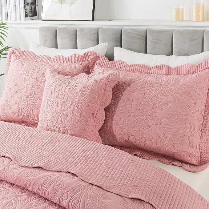 HoneiLife California King Quilt - Oversized King Bedspreads 128x120, 4-Piece Cal King Quilt Sets,Rustic Bedding Sets King Size,Reversible Coverlets Lightweight Bed Cover for All Season Use-Pink