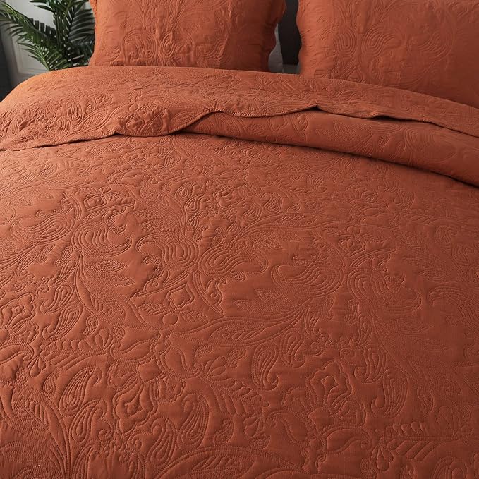 HoneiLife Queen Quilt Bedding Set - 3 Piece Microfiber Quilt Sets Lightweight Bedspreads Reversible Coverlets Retro Bed Cover Paisley Pattern Bedding Set All Season Quilts-Rust