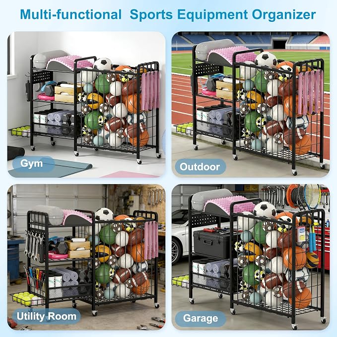Sports Equipment Garage Organizer,Garage Ball Storage Rack for Sports with Wheels-Upgraded 3 Layers Organizer Rack Outdoor Basketball Racks for Balls with Holder and Hooks (Deep Black)