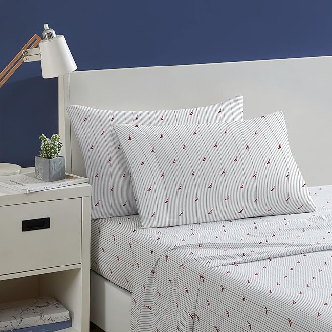 Nautica- King Sheet Set, Cotton Percale Bedding Set, Crisp & Cool, Lightweight & Breathable (Audley Stripe Red, King)