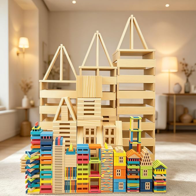 Premium 300 Pcs Rainbow Wooden Building Planks Kit, Open-Ended Creative Building Blocks Set for Kids Ages 3-12,Colorful Pine STEM Construction Toys - Educational Sorting & Patterning Gift (4.65 in)