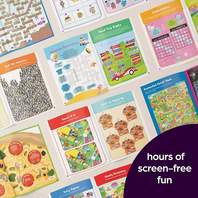 2026 Puzzle Fun Activity Book Gift Set for Kids 6 and Up, 4 Fun Books with Brain Teasers, Mazes, Word Games and More, Travel Activity and Puzzle Game Books for Kids