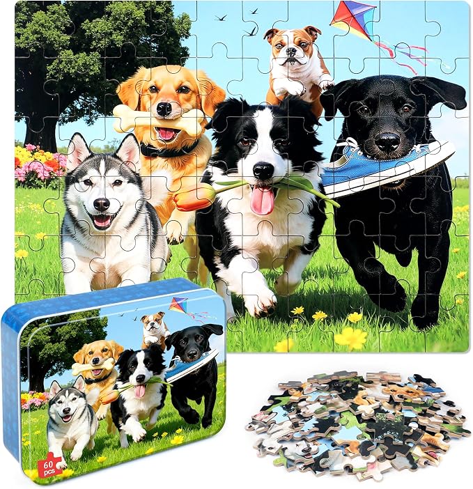 LELEMON Puzzles for Kids Ages 4-6,Dogs on the Grass 60 Piece Puzzles for Kids Ages 4-8 in a Metal Box,Children Jigsaw Puzzles Kids Puzzles,Educational Learning Puzzle Toys for Girls and Boys
