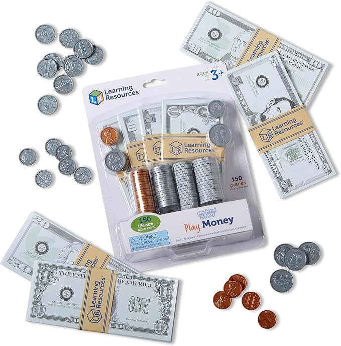 Learning Resources Pretend & Play Money - Kids Cash Register, Dollars, Pretend Classroom Play Sets for Kids, Toy Currency, Toy Dollar Bills