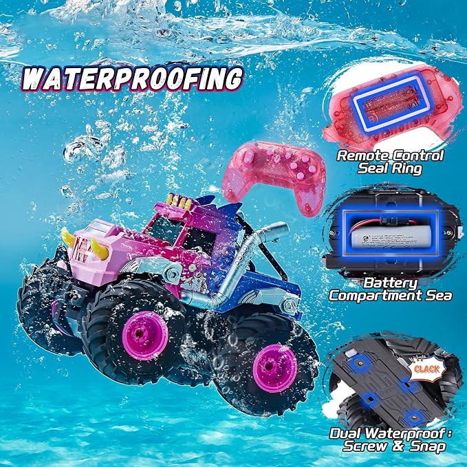 Remote Control Car for Girls, Waterproof Pink Monster Truck Toys W/Blocks & 360°Spin, 1:18 Amphibious RC Cars, 4WD All-Terrain Off-Road RC Trucks, Birthday Gifts Pool Toys for Kids Age 3-12
