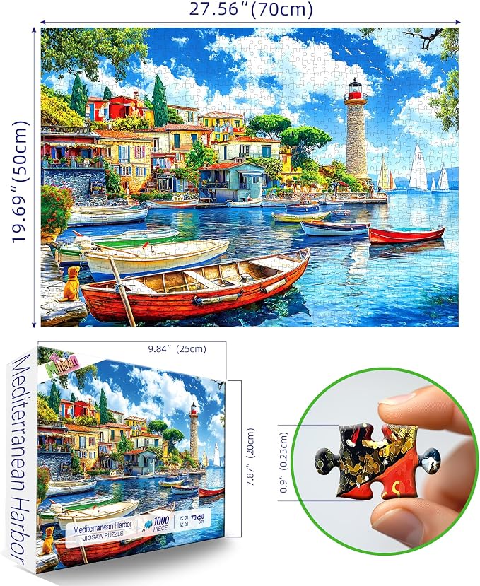 1000 Piece Jigsaw Puzzle for Adults Seaside Harbor Colorful Houses Lighthouse Sailboats Scene Beautiful Mediterranean Sea Landscape Challenging Coastal Village Puzzle for Adults Families27.6 x19.7