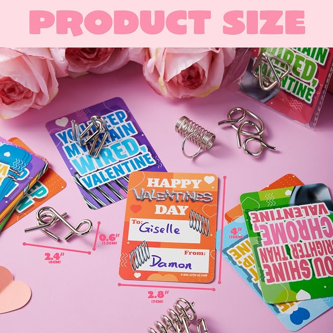 JOYIN 28PCS Valentine's Day Metal Wire Puzzles with Cards for Kids, Brain Teaser Puzzles with Explanation of the Solution and Valentine's Day Cards, School Classroom Boys Girls Exchange Gifts