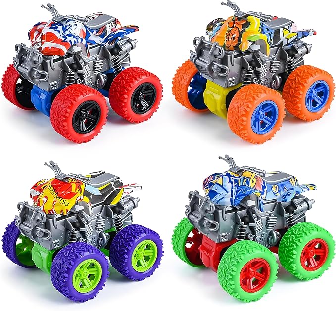 Monster Truck Toys - 4 Pack Friction Powered Toy Motorcycle Cars Push and Go Car Truck Playset for Boys Girls Toddler Aged 3 4 5 6 7 Year Old Gifts for Kids Christmas Birthday Party