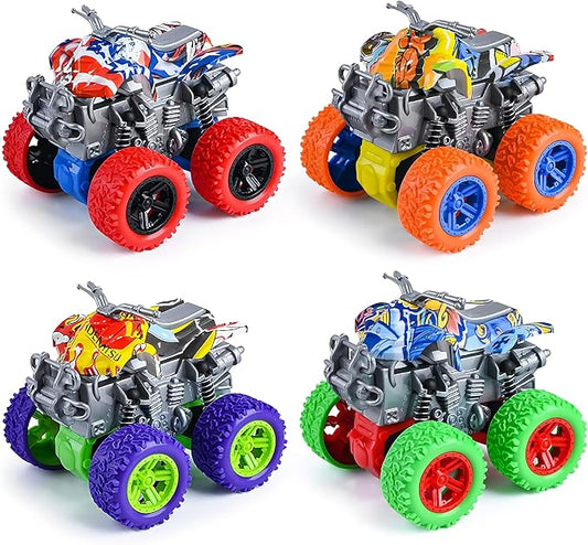 Monster Truck Toys - 4 Pack Friction Powered Toy Motorcycle Cars Push and Go Car Truck Playset for Boys Girls Toddler Aged 3 4 5 6 7 Year Old Gifts for Kids Christmas Birthday Party