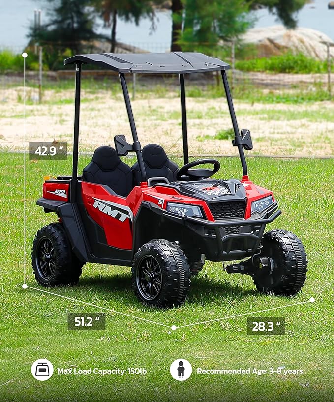 ELEMARA 24V Ride on Toy for Big Kid,Ride on Car 2 Seater w/Sun Shade,Dump Bed & Shovel,4.5MPH,4WD Electric Car for Kids,Battery Car w/Remote,Kids Ride on Truck,3 Speed,LED Lights,Bluetooth, Ruby