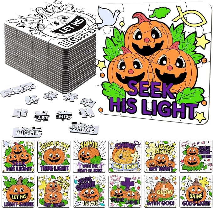 Realspring 24 Pack Christian Pumpkin Color Your Own Halloween Jigsaw Puzzles for Kids 3-5, 4-6, 6-8, Christian Pumpkin Crafts DIY Coloring Paper Jigsaw Halloween Party Favors Goodie Treat Gift