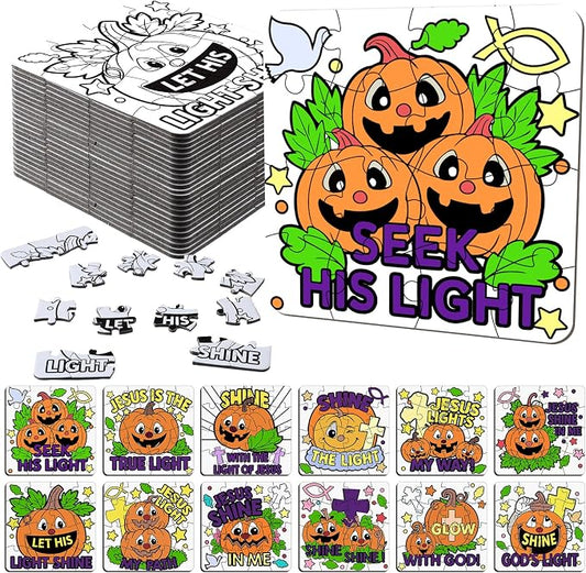 Realspring 24 Pack Christian Pumpkin Color Your Own Halloween Jigsaw Puzzles for Kids 3-5, 4-6, 6-8, Christian Pumpkin Crafts DIY Coloring Paper Jigsaw Halloween Party Favors Goodie Treat Gift