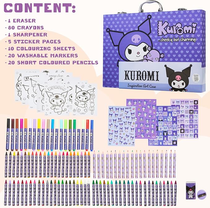 Hello Kitty Sanrio Kuromi Art Supplies for Kids, Colored Pencils, Markers, Crayons, Kawaii Drawing Kit, Stationary, Art Kit, Gifts for Girls (Purple Kuromi)