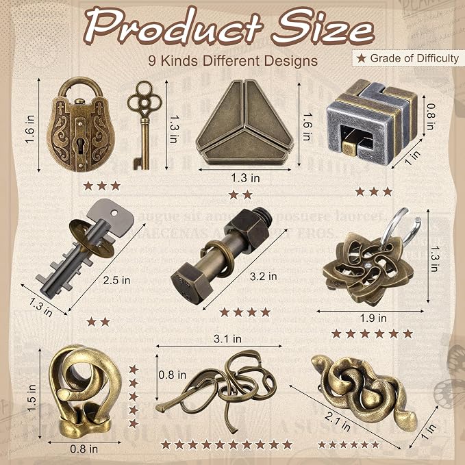 Wettarn 9 Pcs Metal Brain Teaser Puzzles 3D Steel Puzzle Set for Adults IQ Logic Challenge Disentanglement Unlock Interlocking Games Smart Logic Test Toys for Adults Mind Challenge(Retro Style)