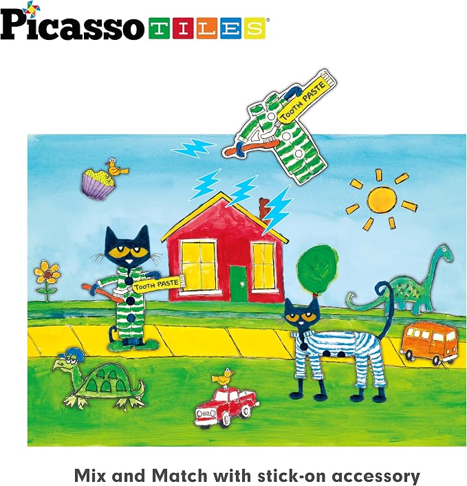 PicassoTiles Pete The Cat 80pc Magnetic Board Game Puzzle Playset Reusable Mix & Match Cartoon Toy with Storytelling, STEM Learning Activity Book and Storage Educational Kids Toys for Ages 3+ PTC02