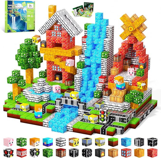 Magnetic Blocks, 100PCS Magnetic Building Blocks, Stacking Magnets for Kids, Sensory Toy for STEM Constructions Magnet Blocks for Boys Girls Age 3+, Christmas Birthday Gifts (Green Traffic Forest)