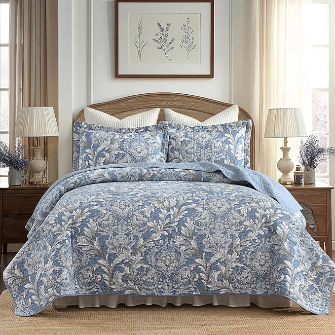 Queen Size Quilt Set - Dusty Blue and Gray Quilt Set Queen, 100% Cotton Floral Bedspread Set 3 Piece, Classic Damask Bedspread, Reversible Lightweight Quilt Bedding Set