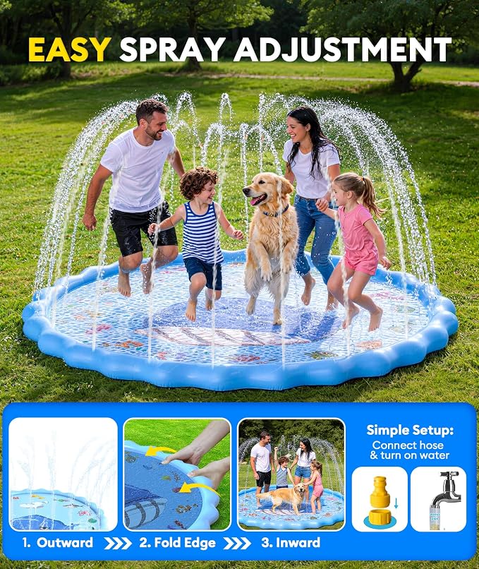 Splash Pad for Kids, 90" Outdoor Sprinkler Play Mat, Inflatable Wading Pool with Thicker Material, Summer Backyard Water Toys for Kids Pets