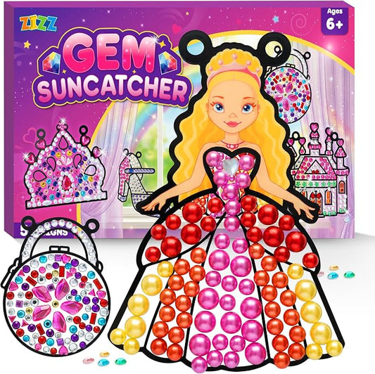 Princess Diamond Art Kits for Kids: 5PCS Big Gem Window Art Suncatcher Birthday Gifts Kit for Girls Ages 4 5 6 7 8 9 10 - DIY Creative Kids' Mosaic Kits Diamond Art Crafts Toys