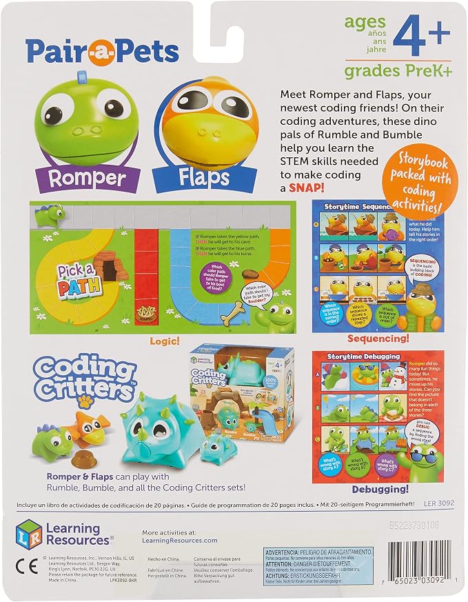Learning Resources Coding Critters Pair-A-Pets Dinos Romper & Flaps, Screen-Free Toy, Interactive STEM Pet, Kids Dinosaur Toy, 5 pieces, Ages 4+