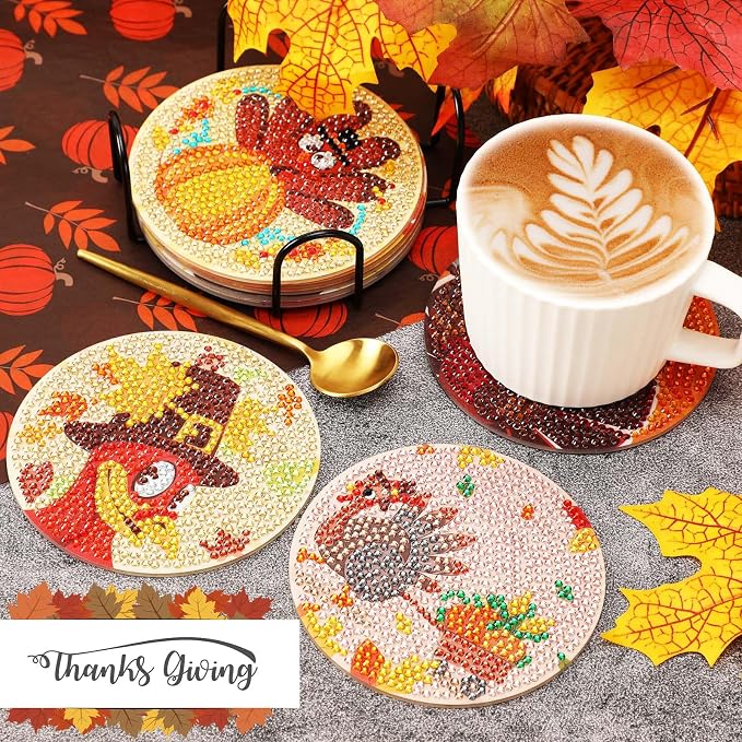 UPINS 8Pcs Fall Diamond Art Coasters with Holder Thanksgiving Diamond Turkey Art Coasters Kits for Adults Kids Beginners Diamond Craft Supplies