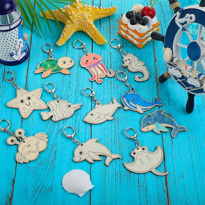 Trnayi 36 Pcs Sea Life Unfinished Wooden Keychains Color Your Own Unfinished Wooden Crafts Blank Wood Painting DIY Crafts for Home Activities Arts Project Decoration