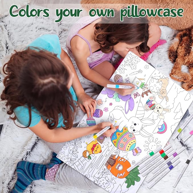 Mindsoft Coloring Craft Coloring Pillowcase Easter Bunny Pillowcase with 12 Pcs Markers Pens for Decoration Supplies Craft, 28.7 x 19.7 Inch