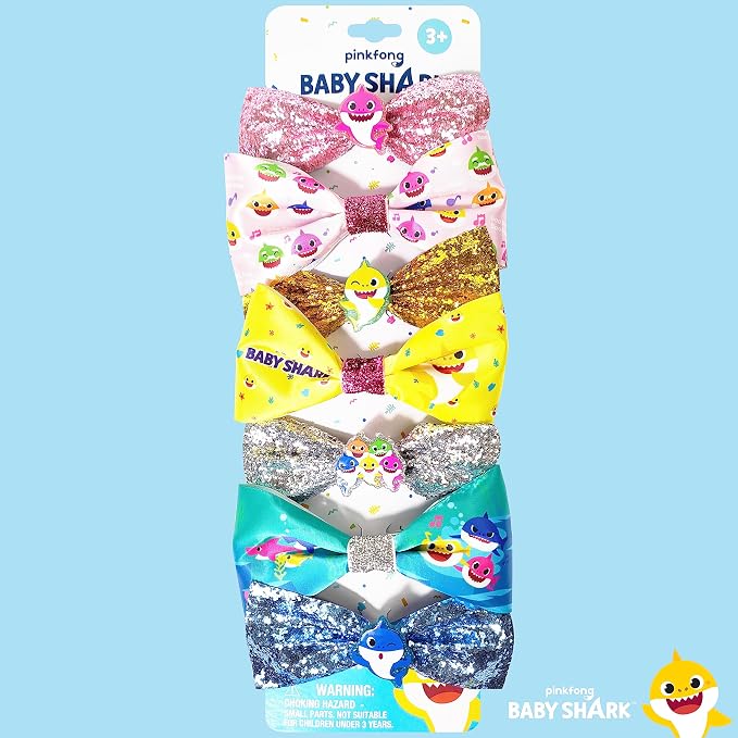 Baby Shark Kids Hair Bows - Hair Accessories Gift Set - 7 Pcs 4 Inch Bundle - Hair Bows for Girls - Different character on each clip - Alligator Clip - Ages 3 +