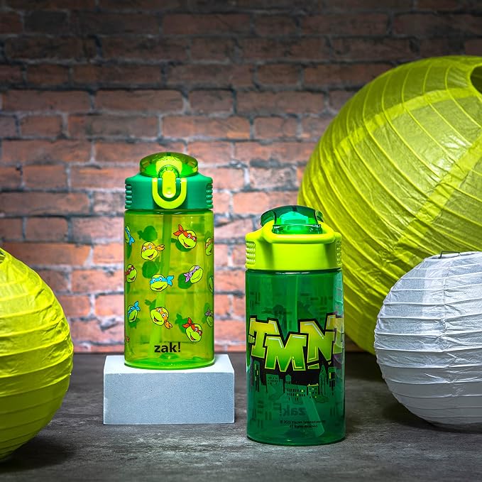 Zak Designs Teenage Mutant Ninja Turtles Kids Water Bottle For School or Travel, 16oz 2-Pack Durable Plastic Water Bottle With Straw, Handle, and Leak-Proof, Pop-Up Spout Cover (TMNT)