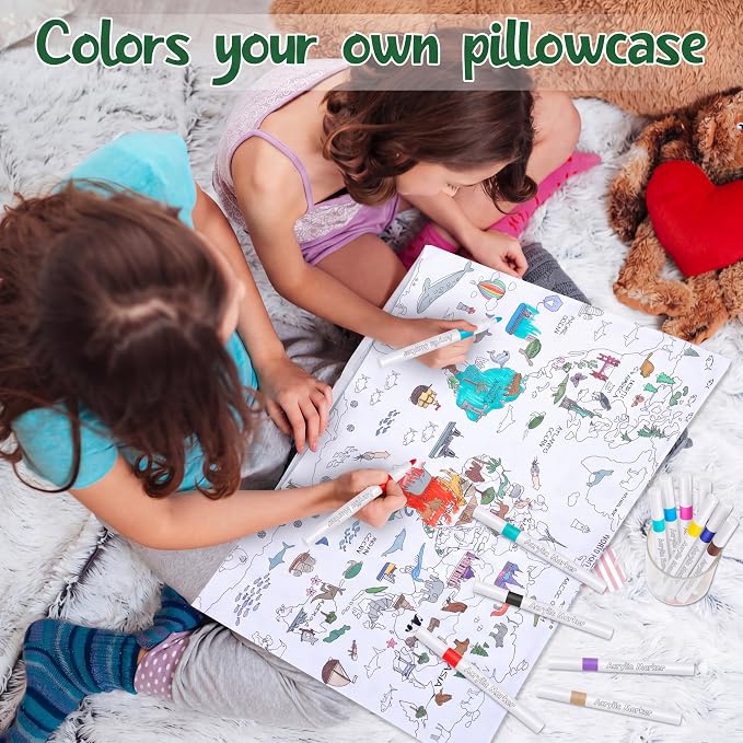 Mindsoft Coloring Craft Coloring Pillowcase World Map Pillowcase with 12 Pcs Markers Pens for Decoration Supplies Craft, 28.7 x 19.7 Inch