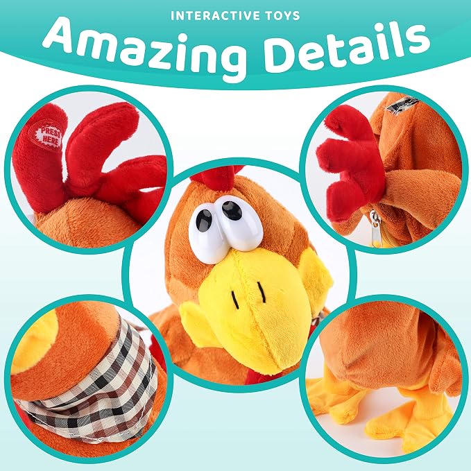 13" Squawking Chicken Musical Stuffed Animal Plushies Walking Singing Waving Rooster Electronic Interactive Plush Toy for Kids Boys Girls Easter