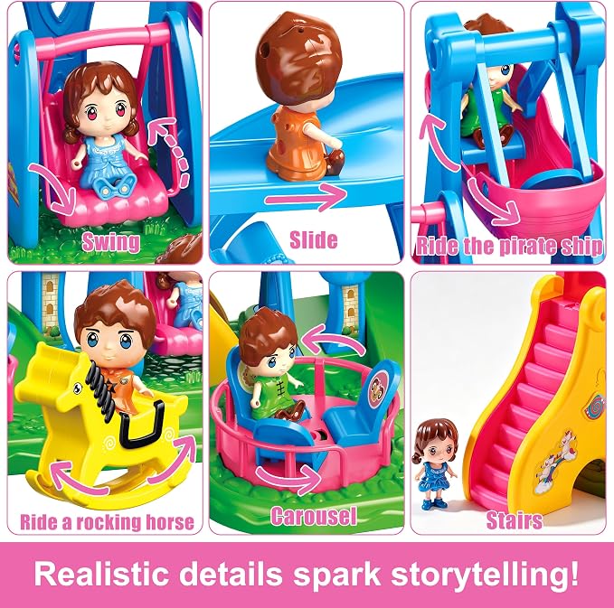 XDUOYJOY Doll House Playground Playset with 4 Toy Figures, Slide, Swing, Rocking Horse, Pirate Ship, Dollhouse & Doll Accessories Pretend Play Fun for Kids Ages 3+