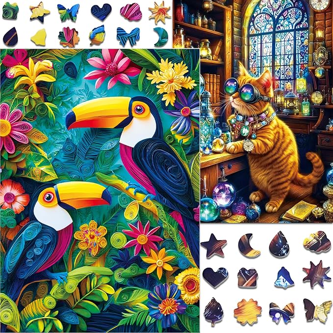 Puzzles 1000 Pieces for Adults, 2 Pack Unique Shape Puzzles for Adults, Toucans and Science Cat Theme, Fun Games in Party