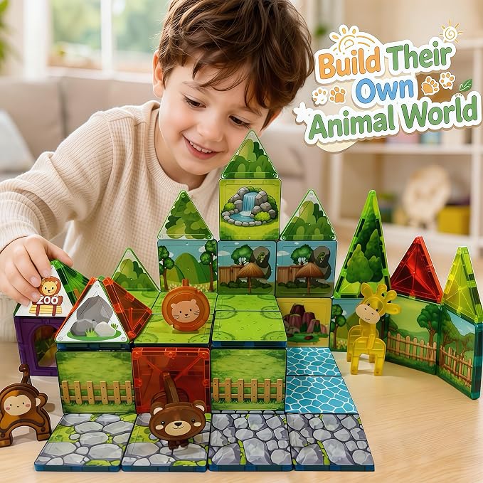 LATI Magnetic Tiles Building Set, Zoo World Animal Magnet Blocks with Giraffe, Lion & Bear, STEM Build & Play Toy for Kids Ages 3-8, Educational Gift for Boys & Girls