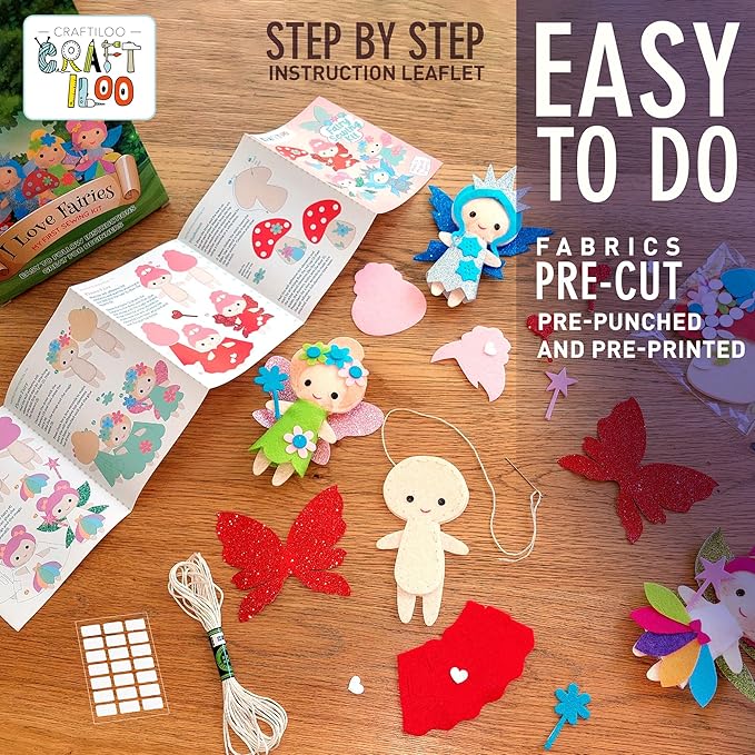 CRAFTILOO Fairy Sewing Kit for Kids Ages 5-12 – Beginner Sewing Kit with 5 Pre-Cut Felt Projects – Make Your Own Stuffed Animal Plush Dolls – Fun Girls Craft Kit, Learn to Sew Gift for Kids