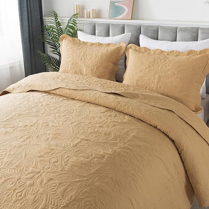 HoneiLife Queen Quilt Bedding Set - 3 Piece Microfiber Quilt Sets Lightweight Bedspreads Reversible Coverlets Retro Bed Cover Paisley Pattern Bedding Set All Season Quilts-Yellow