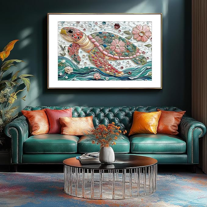 300 Piece Jigsaw Puzzle for Adults Mosaic Sea Turtle Mbroidery with Vibrant Gem & Floral Details Puzzle Colorful Beautiful Underwater Sea Puzzle with Letters on Back Ideal for Seniors &Game Nights