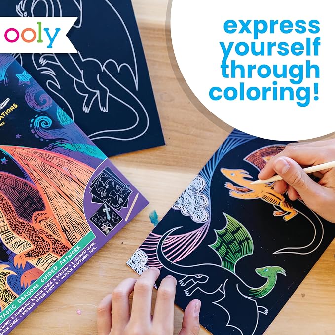 Ooly Scratch & Scribble Travel Crafts for Kids – 1pc Art Kit, Portable Car & Airplane Activity, 8 Scratch Cards + Wooden Stylus + Stickers, Ages 6+ – Dragons
