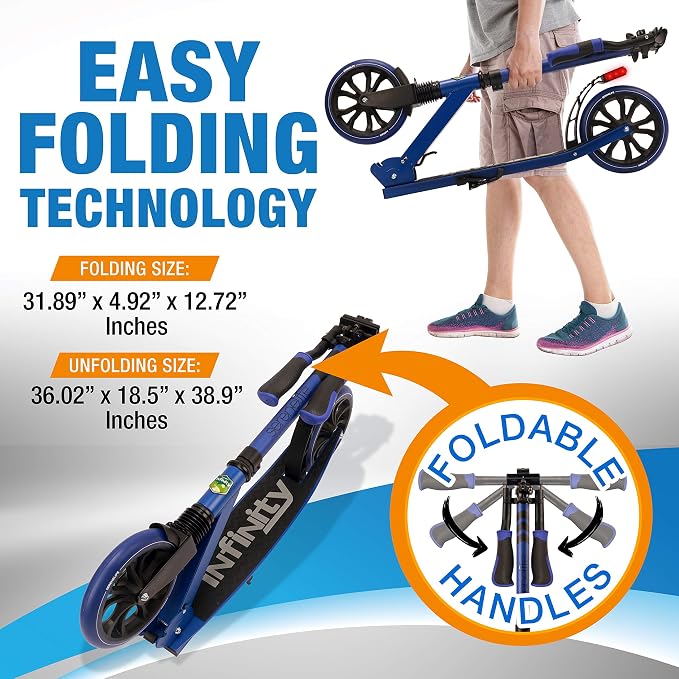 Folding Kick Scooter for Adults and Kids – Boys and Girls Freestyle Scooter with Big Wheels, 1-Kick Open Mechanism, Anti-Slip Rubber Deck and LED Light – Folding Grips Handlebar Adjusts to 3 Heights