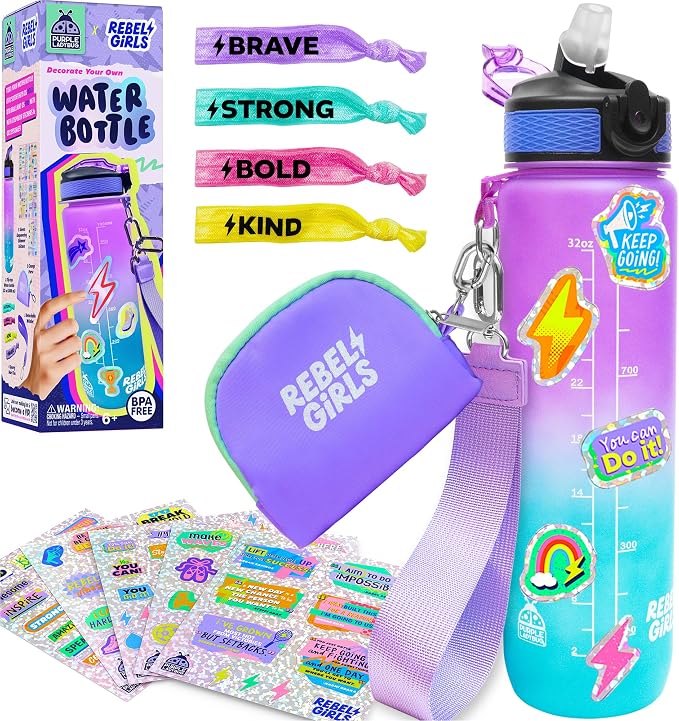 Rebel Girls Decorate Your Own Water Bottle - 32oz BPA Free Water Bottle for Kids with Motivational Stickers & More, Girls Birthday Gifts Age 6-7 8 9 10 11 - Teen Gift, Tween Girl Trendy Stuff